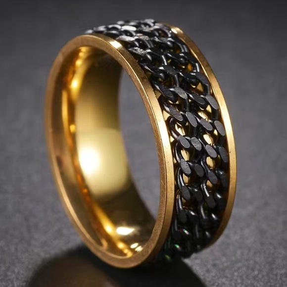 Men’s Gold Stainless Steel Spinner Ring – Black Chain Link 8mm Band - Picture 3 of 5